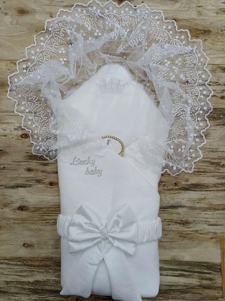 LitaeTrend Yenidoğan Sahra Taç Lucky Turk Nakışlı Kumru Kundak Bebek Battaniyesi Ekru ürün görseli 1