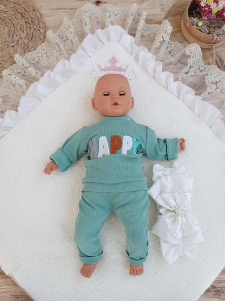LitaeTrend Yenidoğan Wool Yün Kumaş Taç Nakışlı Güpür Duvaklı Fiyonk Prizma Taş Unisex Kundak Bebek Battaniyesi Pembe - Resim 4