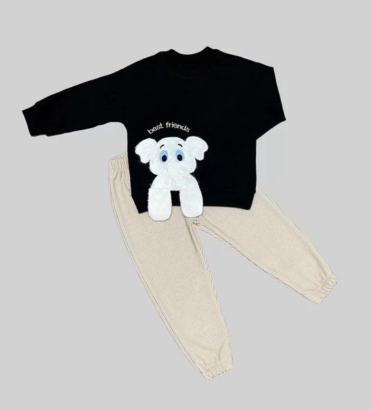 LitaeTrend 1-2-3 Yaş Filli Sallanan Ayak Desenli Likra Penye Kumaş Sweat Pantolonlu Kız Erkek 2li Çocuk Takımı Siyah ürün görseli 1