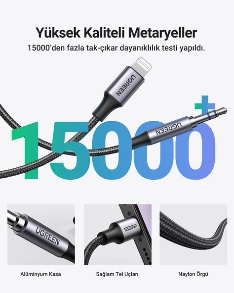 UGREEN Mfi Sertifikalı Lightning to 3.5mm Örgülü Ses Kablosu, 1 Metre, Siyah, 70509 - Resim 6