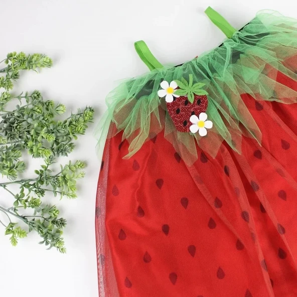 LitaeTrend 2-3-4 Yaş Askılı Çilek Kostüm Kız Çocuk Elbise Kırmızı - Resim 4