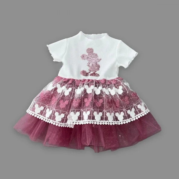 LitaeTrend 1-2-3 Yaş Payetli Mickey Baskılı Brode Etekli Kız Bebek Elbisesi Rose - Resim 2