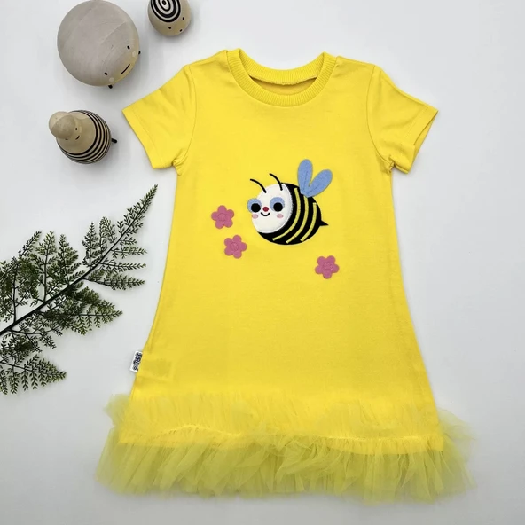 LitaeTrend 1-2-3 Yaş Arıcık Nakışlı Eteği Fırfırlı Jile Kız Çocuk Elbisesi Sarı ürün görseli 1
