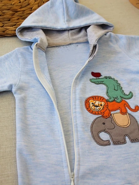 LitaeTrend 6-9 9-12 Ay Ef Çizgi Boy Fermuarlı Hayvanlar Alemi Nakışlı Kapşonlu Kız Erkek Bebek Tulumu Mavi - Resim 2