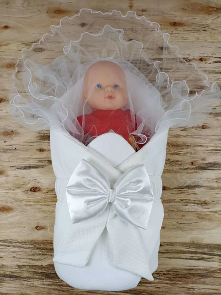 LitaeTrend Yenidoğan Bal Peteği Taç Nakışlı Kundaklı Trilüks 3lü Alt Açma Seti Ekru - Resim 3