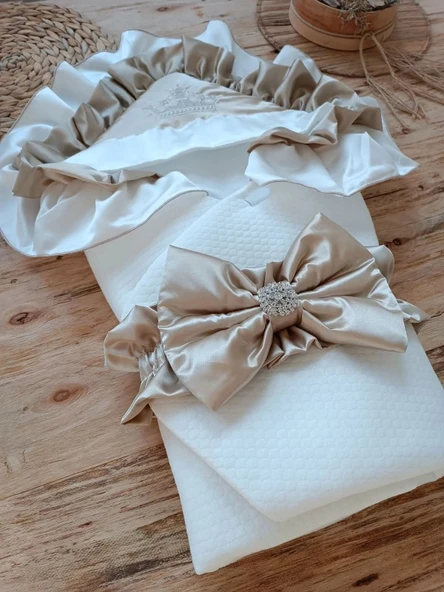 LitaeTrend Yenidoğan Mehtap Lüks Kelebek Taç Nakışlı Bebek Battaniyesi Kundak Vizon - Resim 2