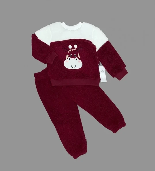 LitaeTrend 1-2-3 Yaş Ponponlu Zürafa Desenli Kuzu Kumaş Uzun Kollu 2li Kız Erkek Çocuk Takımı Bordo ürün görseli 1