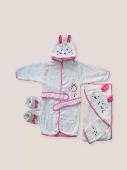 LitaeTrend 0-6 Ay Kedicik Nakışlı Bornozlu 5li Kız Bebek Havlu Silgi Takımı Fuşya ürün görseli 1