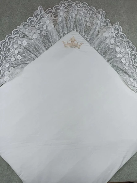 LitaeTrend Yenidoğan Saray Kadife Taç Nakışlı İnci Fiyonklu Çift Dantel Duvak Trilüks Kundak Bebek Battaniyesi Vizon-ekr - Resim 4