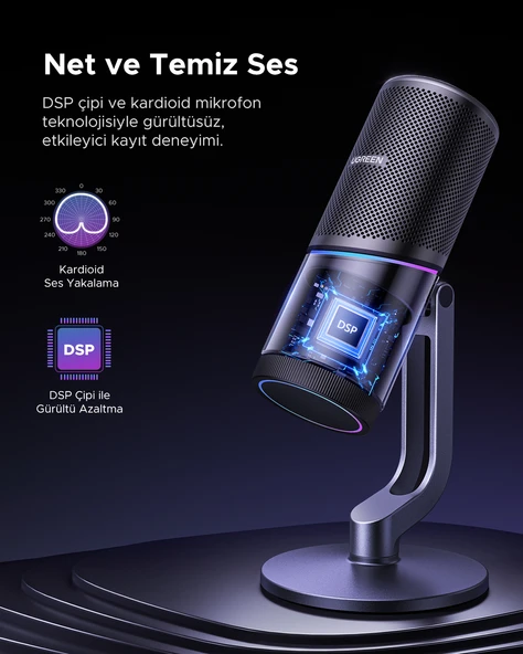 UGREEN Mikrofon 24bit/96kHz Işıklı USB Ses Kontrolü, Yayın, Oyun, Kayıt, PS5 Kondenser Mikrofon, 35629 - Resim 3