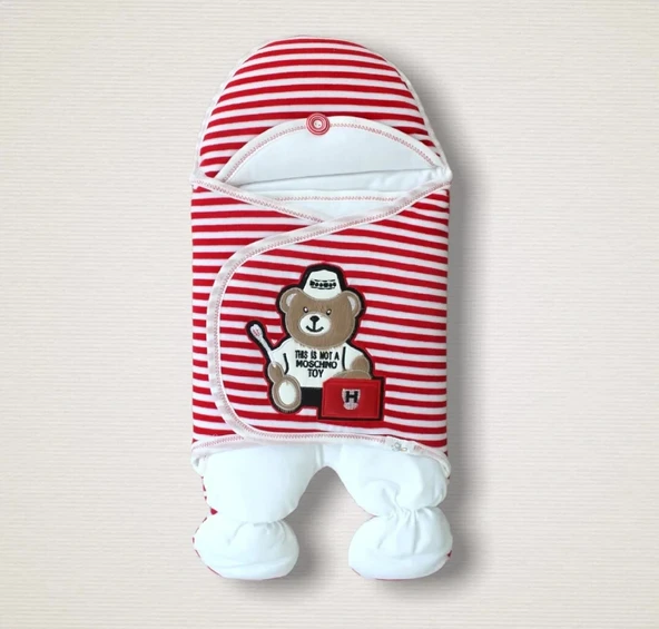 LitaeTrend Yenidoğan Dr. Ayıcık Nakışlı Kız-erkek Bebek Ayaklı Kundak Bebek Battaniyesi Kırmızı ürün görseli 1