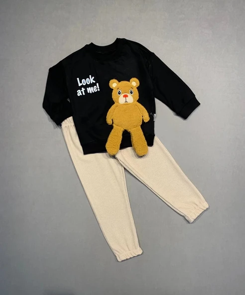 LitaeTrend 2-3-4 Yaş Ayıcık Sallanan Ayak Desenli Likra Penye Kumaş Sweat Pantolonlu Kız Erkek 2li Çocuk Takımı Siyah ürün görseli 1