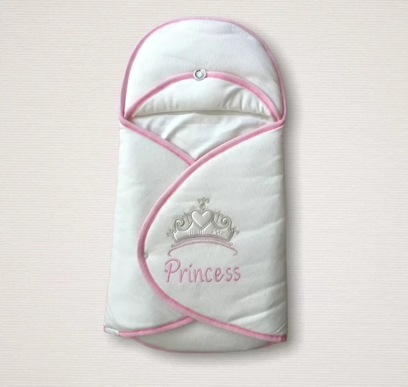 LitaeTrend Yenidoğan Princess Nakışlı Çizgi Efektli Kız Bebek Klasik Kundak Bebek Battaniyesi Ekru ürün görseli 1