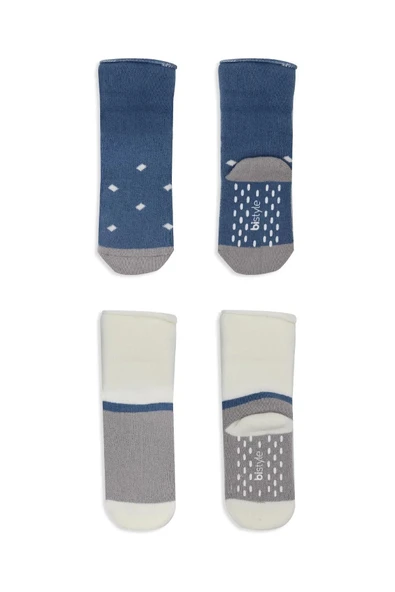 LitaeTrend Puanlı Kaymaz Havlu Soket Çorap 2'li  İndigo Gri - Resim 3