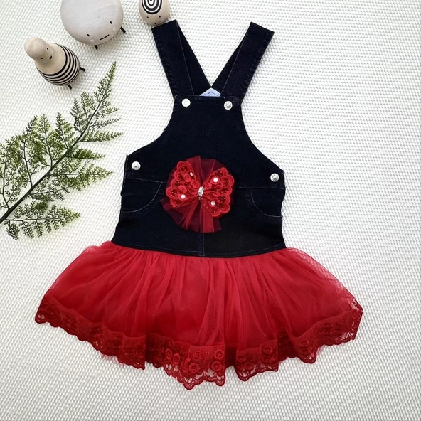 LitaeTrend 2-3-4 Yaş Fiyonklu Düğme Detaylı Tül Etek Kot Kumaş Salopet Kız Çocuk Elbisesi Siyah-kırmızı ürün görseli 1