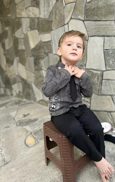 LitaeTrend 3-4-5 Yaş Kravatlı Keten Gömlek Gabardin Pantolon Uzun Kollu 3lü Erkek Çocuk Takımı Kahverengi - Resim 2