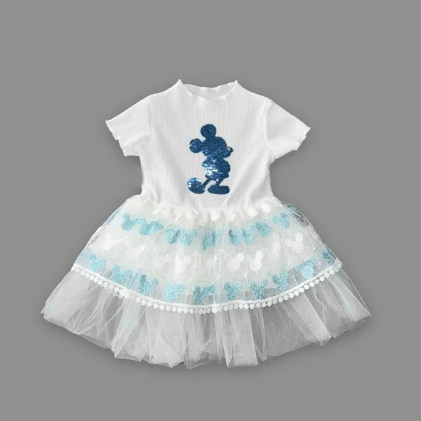 LitaeTrend 1-2-3 Yaş Payetli Mickey Baskılı Brode Etekli Kız Bebek Elbisesi Turkuaz - Resim 2