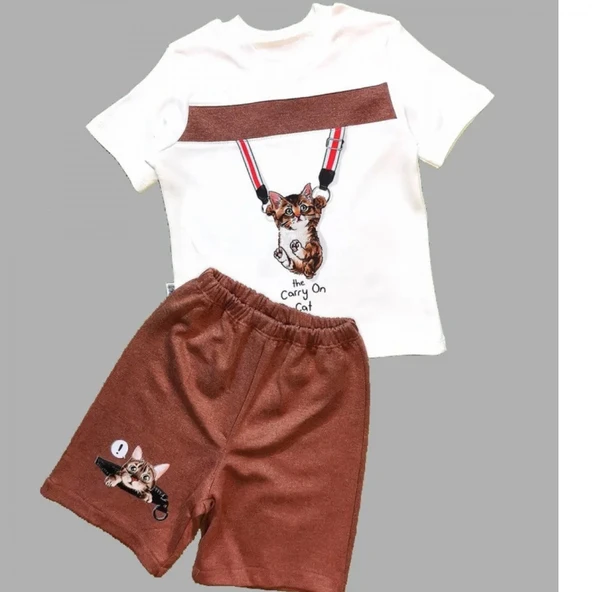 LitaeTrend 1-2-3 Yaş Fermuarlı Kedi Baskılı Şortlu Kısa Kollu Tişört 2li Erkek Bebek Takımı Kahverengi ürün görseli 1