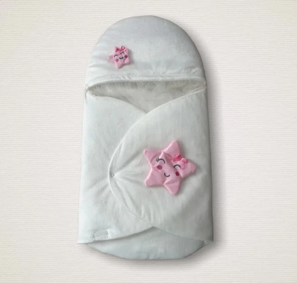 LitaeTrend Yenidoğan Çift Yıldız Detaylı Şapkalı Duvaklı Kız Bebek Klasik Kundak Bebek Battaniyesi Ekru ürün görseli 1