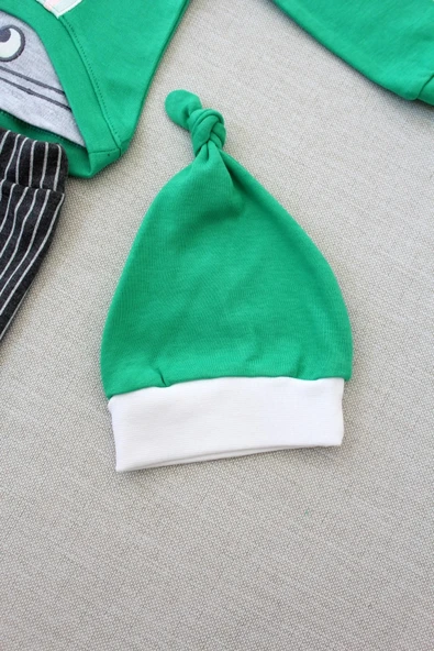 LitaeTrend 3-6 6-9 9-12 Ay Şımarık Tavşan Nakışlı Şapkalı Uzun Kollu Sweat 3lü Kız-erkek Bebek Takımı Yeşil - Resim 4