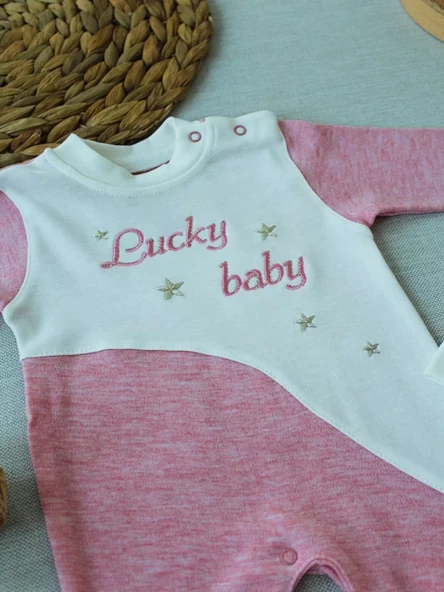 LitaeTrend 0-3 3-6 Ay Lucky Turk Nakışlı Es Çizgi Boy Şapkalı Kız Bebek Tulumu Pembe - Resim 2