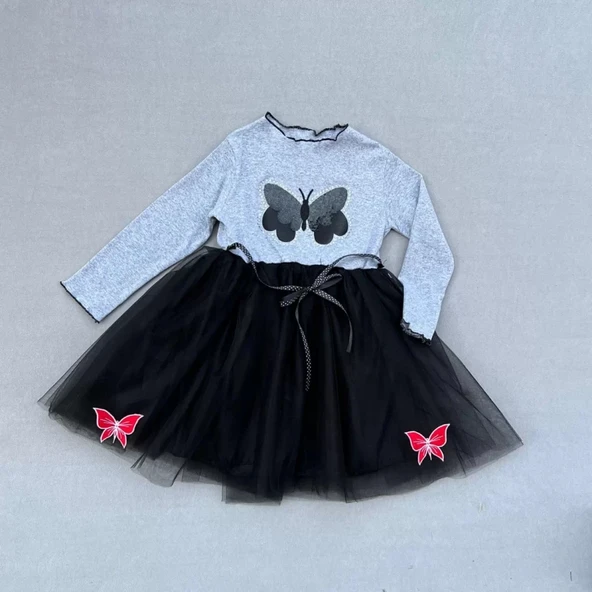 LitaeTrend 5-6-7 Yaş Taşlı Kelebek Desenli Kurdela Kuşaklı Astarlı Kız Çocuk Tütü Elbise Siyah ürün görseli 1