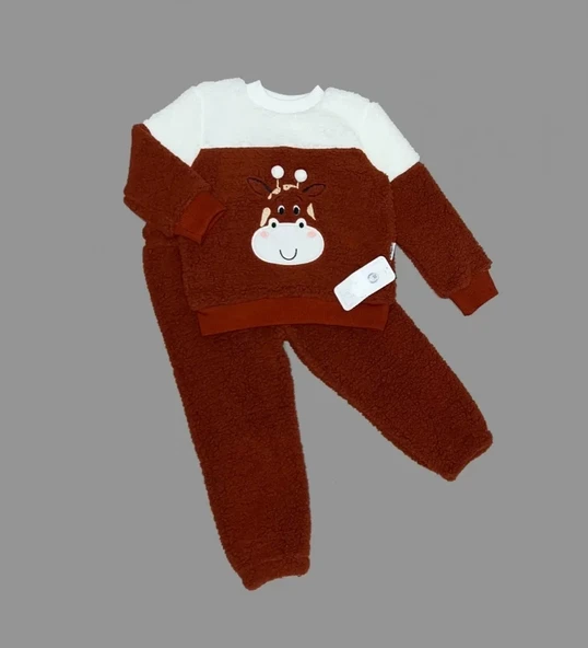 LitaeTrend 1-2-3 Yaş Ponponlu Zürafa Desenli Kuzu Kumaş Uzun Kollu 2li Kız Erkek Çocuk Takımı Kahverengi ürün görseli 1