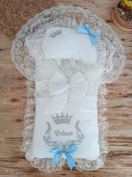 LitaeTrend Yenidoğan Sahra Benim Prensim Nakışlı Kundaklı Trilüks Erkek 3lü Alt Açma Seti Mavi ürün görseli 1