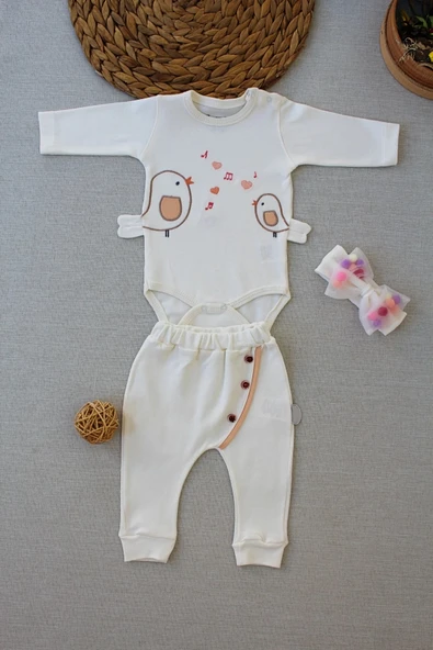 LitaeTrend 3-6 6-9 9-12 Ay Şarkıcı Kuşlar Nakışlı Bandanalı Uzun Kollu Zıbınlı 3lü Kız Bebek Takımı Ekru ürün görseli 1