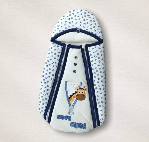 LitaeTrend Yenidoğan Zürafa Nakışlı Çift Fermuarlı Erkek Kundak Bebek Battaniyesi Mavi ürün görseli 1