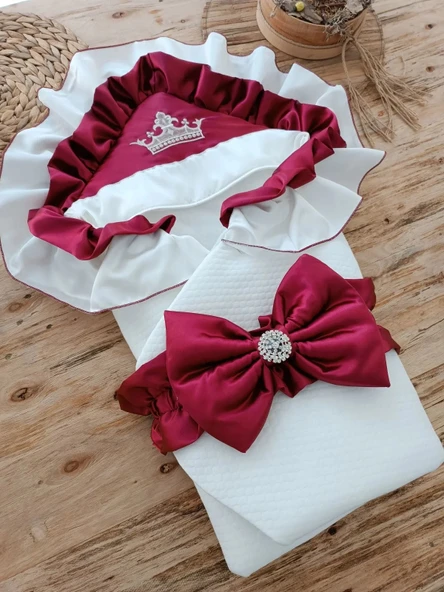 LitaeTrend Yenidoğan Mehtap Lüks Kelebek Taç Nakışlı Bebek Battaniyesi Kundak Bordo - Resim 2