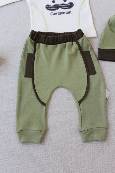 LitaeTrend 3-6 6-9 9-12 Ay Gentleman Erkek Nakışlı Şapkalı Uzun Kollu Sweat 3lü Erkek Bebek Takımı Yeşil - Resim 3