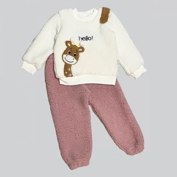 LitaeTrend 1-2-3 Yaş Hello Zürafa Nakışlı Kuzu Kumaş Sweat Pantolon Uzun Kollu Kız Erkek 2 Li Takımı Gül Kurusu ürün görseli