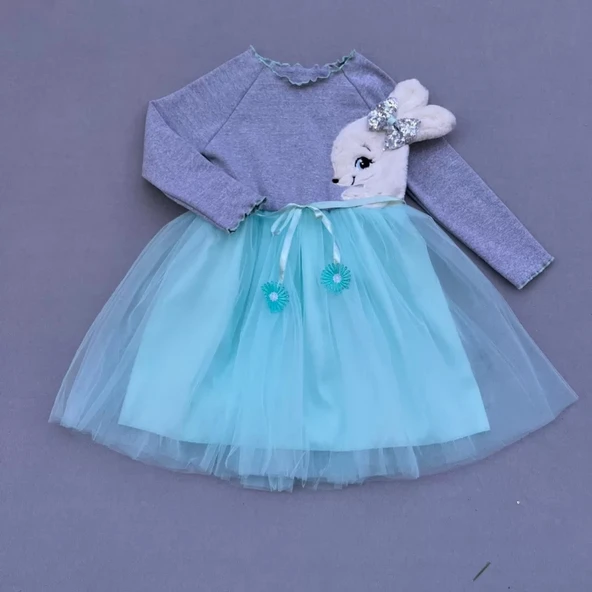 LitaeTrend 5-6-7 Yaş Pelüş Tavşan Desenli Kurdela Kuşaklı Astarlı Kız Çocuk Tütü Elbise Turkuaz ürün görseli 1