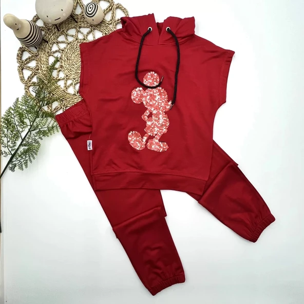 LitaeTrend 3-4-5 Yaş Kapşonlu Payetli Mickey Desenli Kısa Kol 2li Kız Erkek Çocuk Takımı Kırmızı ürün görseli 1