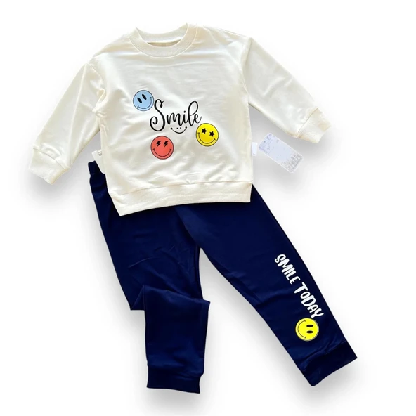 LitaeTrend 6-9-12-18 Ay Emoje Baskılı Pamuk Penye Kumaş Erkek Bebek Takımı Lacivert ürün görseli 1