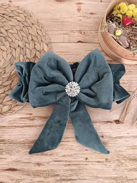 LitaeTrend Yenidoğan Saray Kadife Taç Nakışlı İnci Fiyonklu Dantel Duvak Trilüks Kundak Bebek Battaniye Yeşil - Resim 5