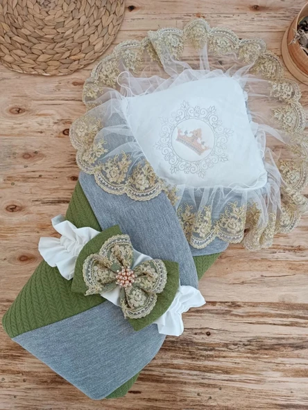 LitaeTrend Yenidoğan Teri Cotton Taç Nakışlı Prizma Taş Kundak Bebek Battaniyesi Yeşil - Resim 3