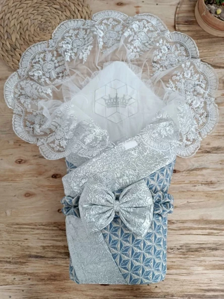 LitaeTrend Yenidoğan Piramit Desenli Güpür İşlemeli Bebek Battaniyesi Kundak Gümüş ürün görseli 1