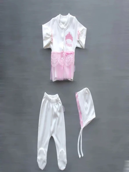 LitaeTrend Taçlı Prensesim Nakışlı  10lu Zıbın Takımı Hastane Çıkışı Pembe - Resim 4