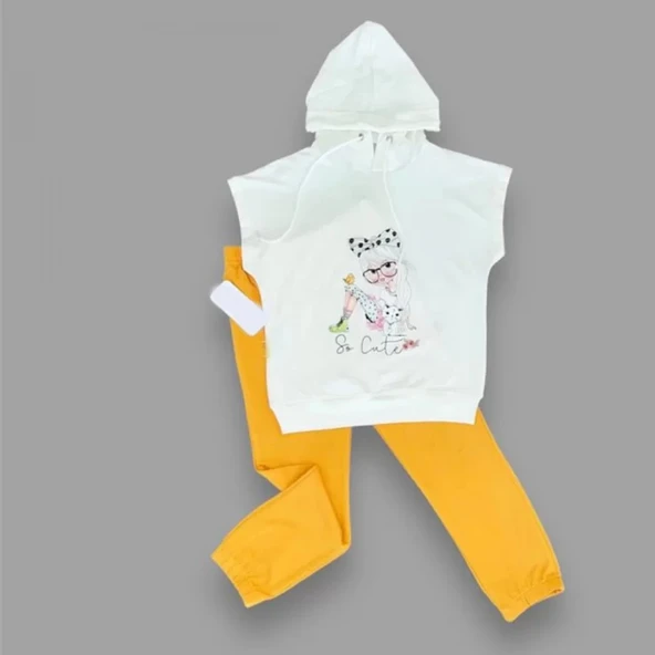 LitaeTrend 3-4-5 Yaş Kapşonlu Sevimli Kız Baskılı Kısa Kolu 2li Kız Erkek Çocuk Takımı Hardal - Resim 2