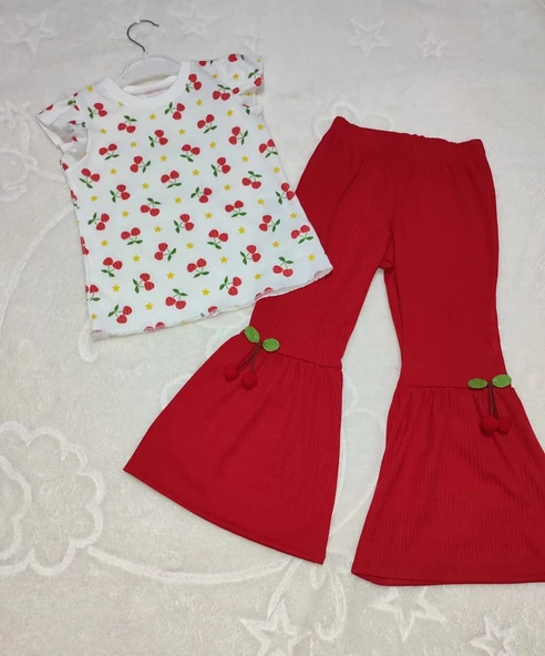 LitaeTrend 1-2-3-4 Yaş Kiraz Baskılı Tişört İspanyol Paçalı Likralı 2li Kız Çocuk Takımı Kırmızı ürün görseli 1