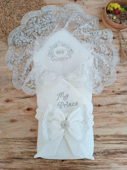 LitaeTrend Yenidoğan Pamuk Taç Benim Prensim Nakışlı Trilüks Kundak Bebek Battaniyesi Ekru ürün görseli 1