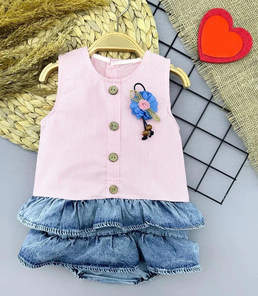 LitaeTrend 6-9-12-18 Ay Gül Rozet Detaylı Kot Kilotlu Etek Kız Bebek Elbisesi Pembe ürün görseli 1