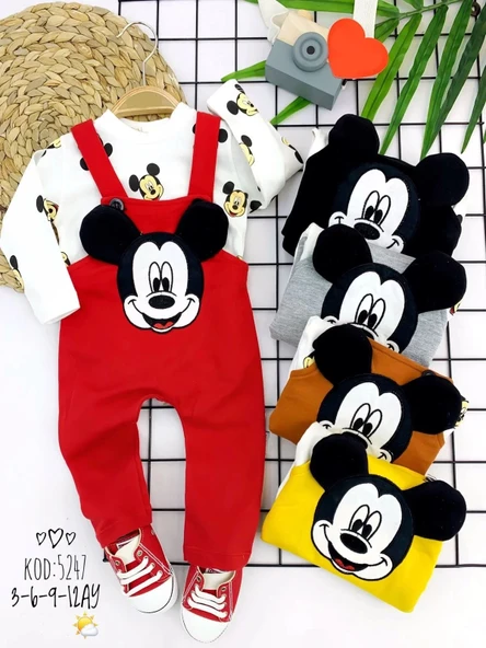 LitaeTrend 3-6-9-12 Ay Mickey Figürlü Uzun Kollu Baskılı Sweatli 2li Kız Erkek Bebek Salopet Takımı Kırmızı ürün görseli 1