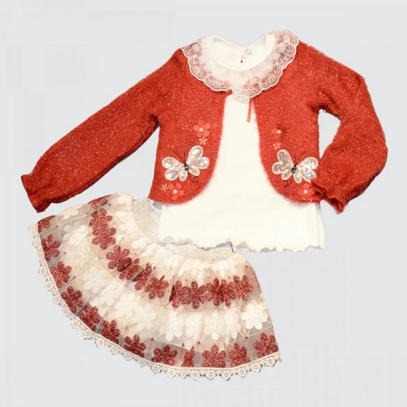 LitaeTrend 1-2-3 Yaş Brode Etekli Örme Hırkalı Uzun Kollu Sweat 3lü Kız Çocuk Takımı Kırmızı ürün görseli 1