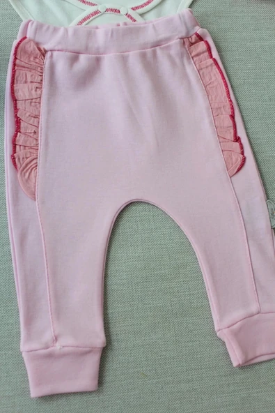 LitaeTrend 3-6 6-9 9-12 Ay Hello Nakışlı Kruvaze Bandanalı Uzun Kollu Zıbınlı 3lü Kız Bebek Takımı Pembe - Resim 3