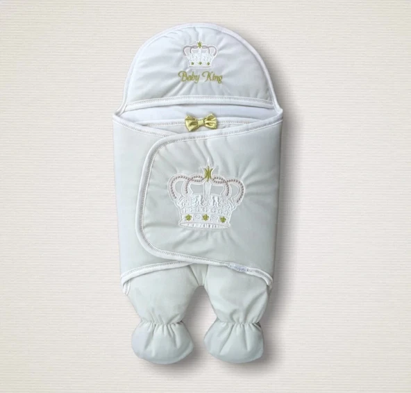 LitaeTrend Yenidoğan King Turk Taç Nakışlı Ayaklı Erkek Bebek Kundak Ekru ürün görseli 1
