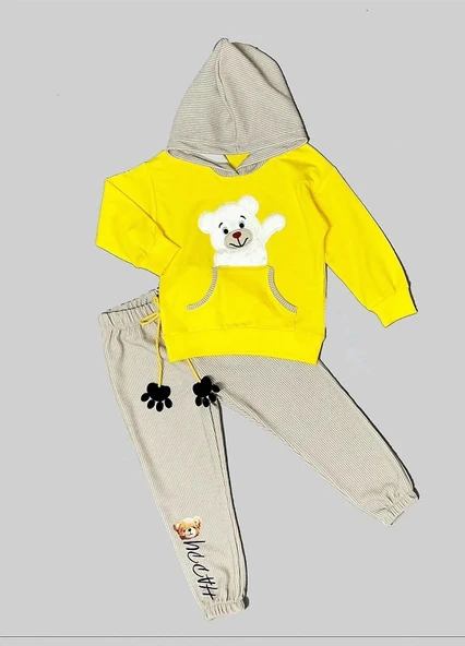 LitaeTrend 2-3-4 Yaş Pelüş Ayı Desenli Kapşonlu Uzun Kollu Penye Sweat 2li Erkek Çocuk Takımı Sarı ürün görseli 1