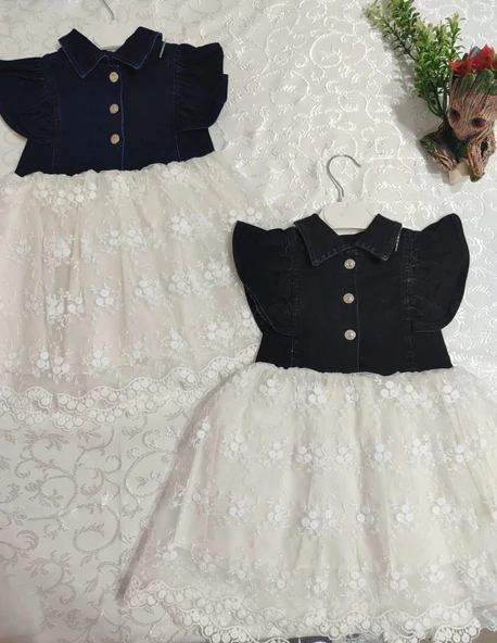 LitaeTrend 2-3-4 Yaş Astarlı Brode Etekli Kot Kumaş Düğmeli Kız Çocuk Elbisesi Lacivert - Resim 2